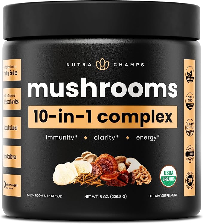 NutraChamps Organic Mushroom Powder - 10-in-1 Complex - Mushroom Supplement Powder Blend for Memory, Focus & Immune Support - 8oz (8.0 OZ, Mushroom Blend)
