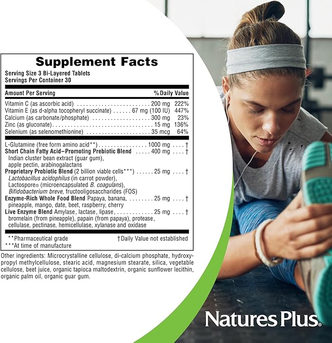 NaturesPlus GI Natural Total Digestive Wellness - 90 Bi-Layered Tablets, Pack of 2 - With L-Glutamine, Probiotics, Prebiotics & Enzymes - Gluten Free - 60 Total Servings