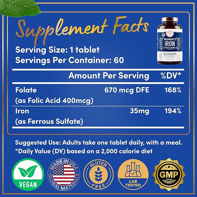 Iron and Folic Acid Supplements for Women - 35mg Gentle Iron Vitamin, Folic Acid 400mcg - Anemia, Period, Pregnancy Support Supplement, Ferrous Sulfate Pills - 60 Vegan Non-Constipating Tablets
