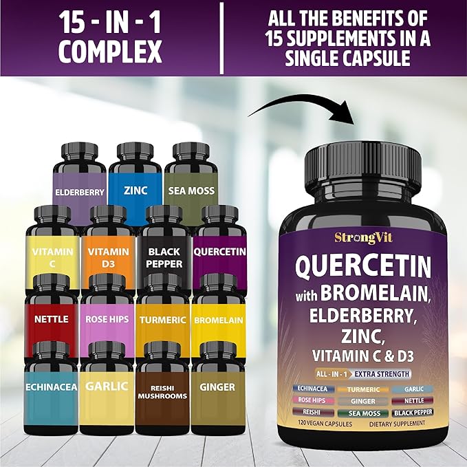 Quercetin with Bromelain, Elderberry, Vitamin C, D3 and Zinc. Super Immune Support Supplement. Organic Complex for Men & Women, Non-GMO, Gluten-Free, Vegan, USA (120 Capsules)