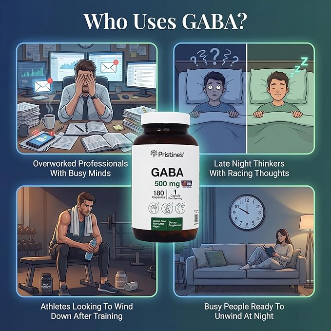 PRISTINE'S GABA 500mg Sleep Quality Support Supplement - 180 Day Supply - Calm Mind & Relaxation Sleep Support Capsules Glass Bottle
