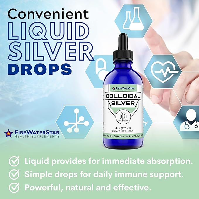 FWS Colloidal Silver, Liquid Silver Drops, 99.99% Pure Silver, 4 oz Glass Bottle, 60 Servings (2 Month Supply), 50 ppm, Concentrated for Easy and Convenient Servings