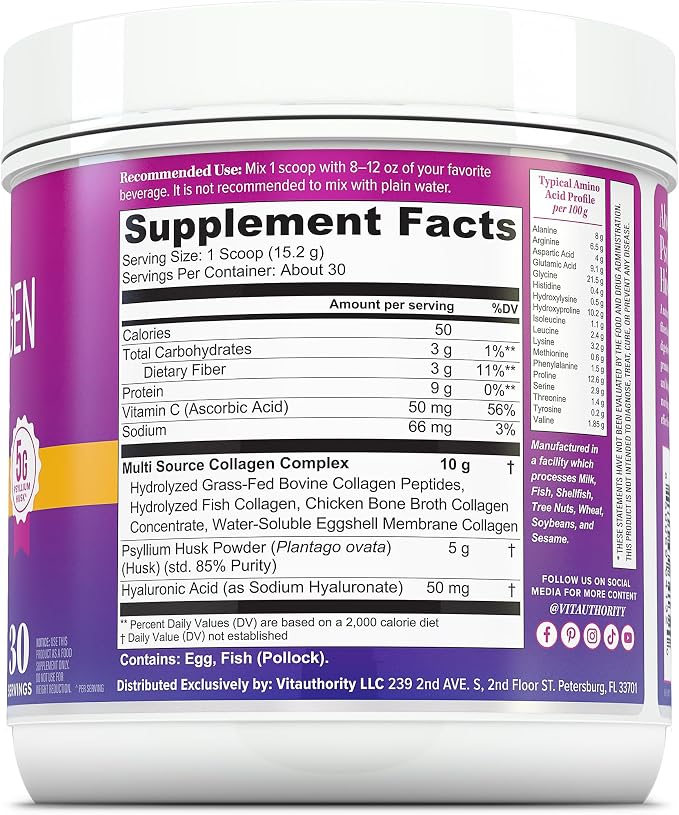 Vitauthority Multi Collagen Protein Powder + Fiber Supplement Collagen Types I, II, III, V & X | Hair, Skin, Nail, & Digestive Support | Vitamin C & Hyaluronic Acid, Unflavored 30 Servings