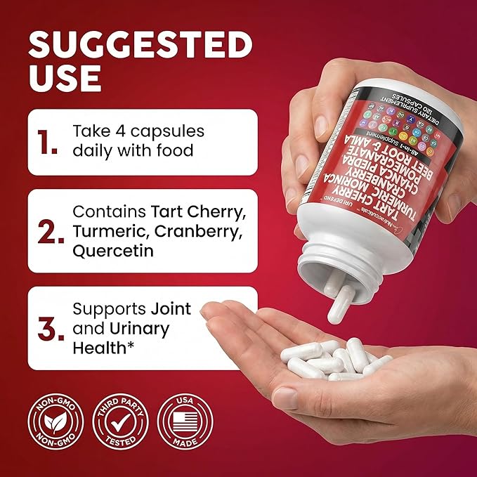 Clean Nutraceuticals Tart Cherry Extract Capsules with Turmeric Moringa Cranberry Chanca Piedra Celery Quercetin ACV Pomegranate L Selenomethionine - Uric Levels - 120 Ct