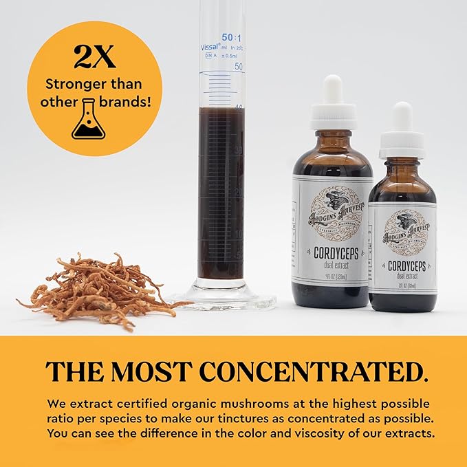 Hodgins Harvest Organic Cordyceps Mushroom Fruiting Body Extract Tincture - Extra Concentrated Dual Extract Supplement - Mushrooms for Energy Support - USDA Certified Organic - 4 fl oz
