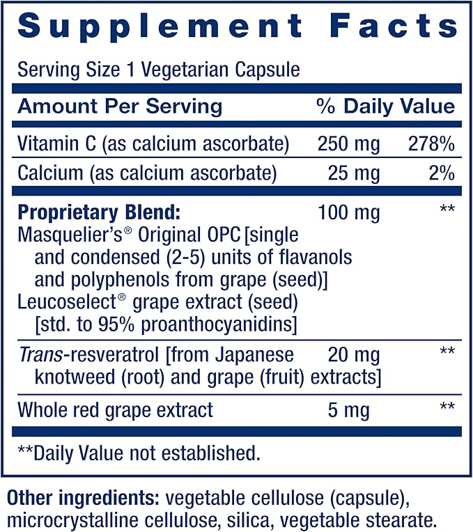 Life Extension Grapeseed Extract, Vitamin C, Calcium, resveratrol, polyphenols, Cardiovascular Health, antioxidant Protection, Gluten-Free, Non-GMO, Vegetarian, 60 Capsules