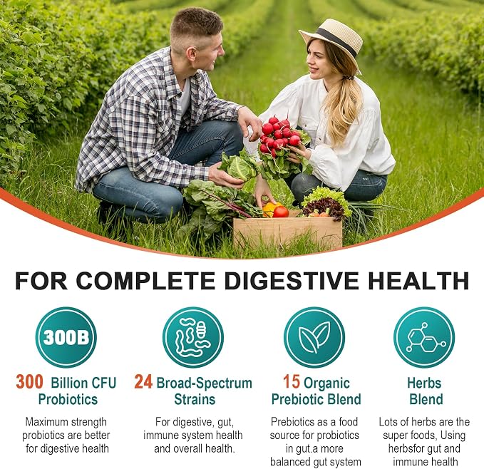 Probiotics for Women & Men - 300 Billion CFU, 24 Strains Probiotic + 15 Organic Herbs Prebiotics Blend, for Overall Digestive Gut Health, Immune, Constipation & Bloating, Shelf Stable - 4 Month Supply