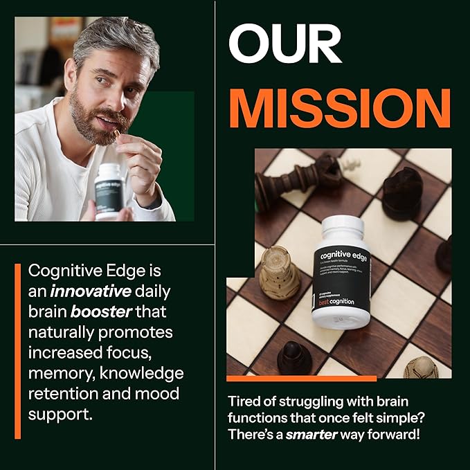 Cognitive Edge Bacopa Memory Supplement - Calm Focus, Daily Clarity & Retention - 7 Natural Ingredients Including L-Theanine, Ashwagandha, PQQ, Astaxanthin - Caffeine-Free Brain Support (60 Capsules)