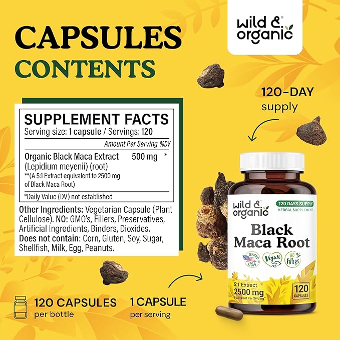 Wild & Organic Black Maca Root Capsules for Women & Men 500 mg - Overall Support - 120 Vegan Capsules with Maca Powder - Men & Women Supplement - 120 Days Supply, Non-GMO, No Fillers, Gluten-Free