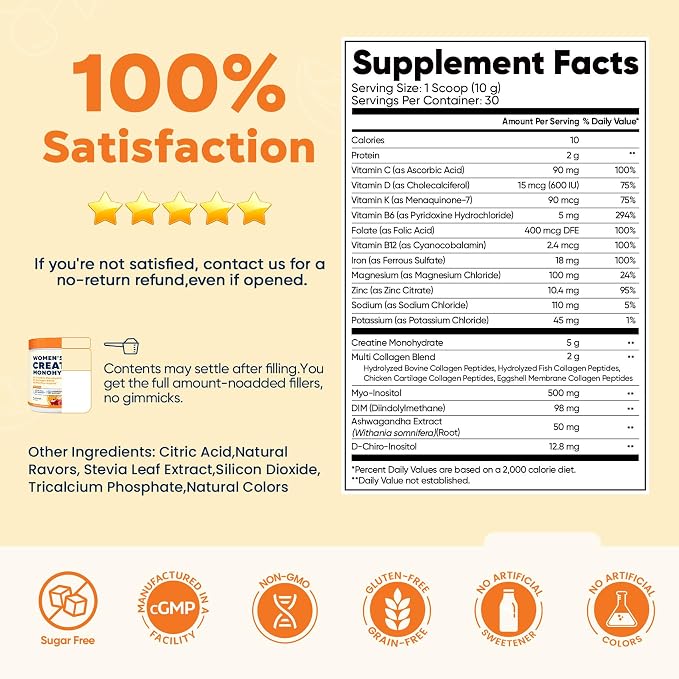 18 IN 1 Creatine for Women, Creatine Monohydrate Blend Powder with Collagen, Myo & D-Chiro Inositol, Electrolytes & 6 Vitamins for Muscle Growth, Recovery & Hormonal Balance – 10.58 Oz,Sugar Free