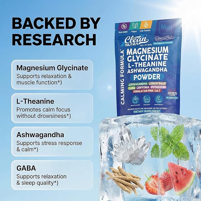 Magnesium Glycinate Powder Supplement + L Theanine Ashwagandha Glycine Apigenin Lemon Balm GABA 5HTP Pink Salt Potassium L Tryptophan Calcium | Powdered Sleep Aid Calm Trace Minerals Vitamin