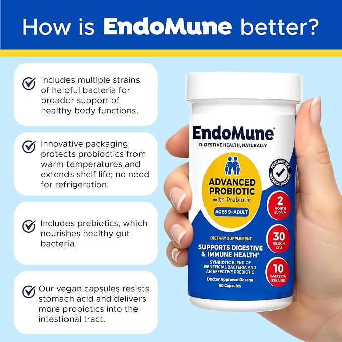 Endomune Advanced Adult Multi-Strain Probiotic Supplement with Prebiotic - 10 Strains, 30 Billion CFU - Physician Formulated (60-Count)