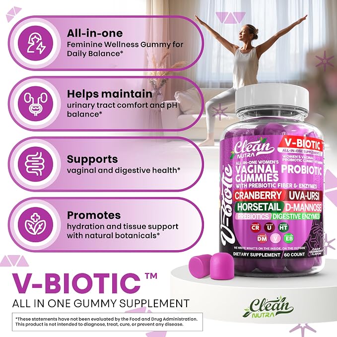 Clean Nutra Vbiotic Gummies, Cranberry, Horsetail, D-Mannose, UVA-Ursi, Probiotic Blend, Enzyme Blend, 60 Count (2)