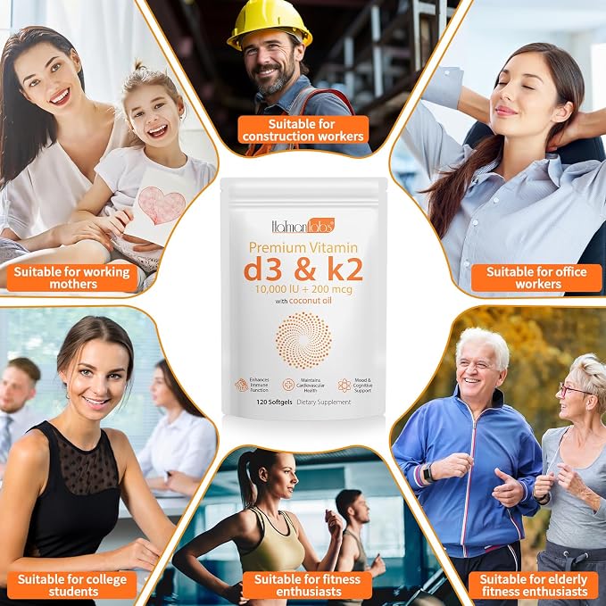 Vitamin D3 K2 Supplement Softgel, Vitamin D3 K2 Softgel with 10000 IU Supports Immune, Heart, Teeth & Bone Health, Free of GMO, Gluten, Soy, 120 Softgels