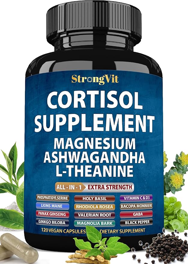 StrongVit Cortisol Supplements for Women and Men with Magnesium, Ashwagandha & L-Theanine. High Cortisol Reducer, Manager, Detox, Lower and Control. Sleep Support & Stress Relief, USA (120 Capsules)