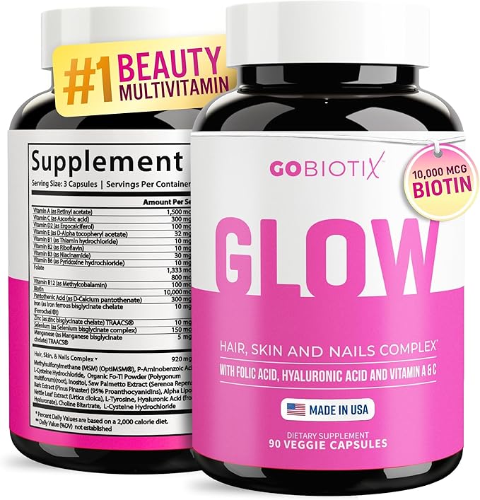 GOBIOTIX Hair Skin and Nails Vitamin Supplement - 10000mcg Biotin Pills with Hyaluronic Acid, Folate, Iron, Magnesium, and Zinc - Collagen Production, Hair Growth - 30 Servings