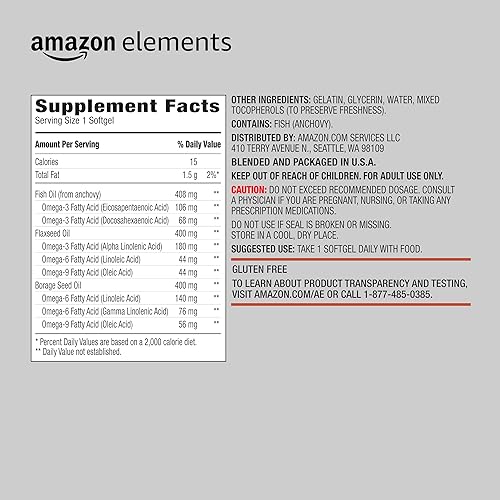 Amazon Elements - Revly Omega 3-6-9, Complex of Fish, Flaxseed and Borage Oil - EPA & DHA Omega-3 fatty acids - 60 Softgels, 2 Month Supply