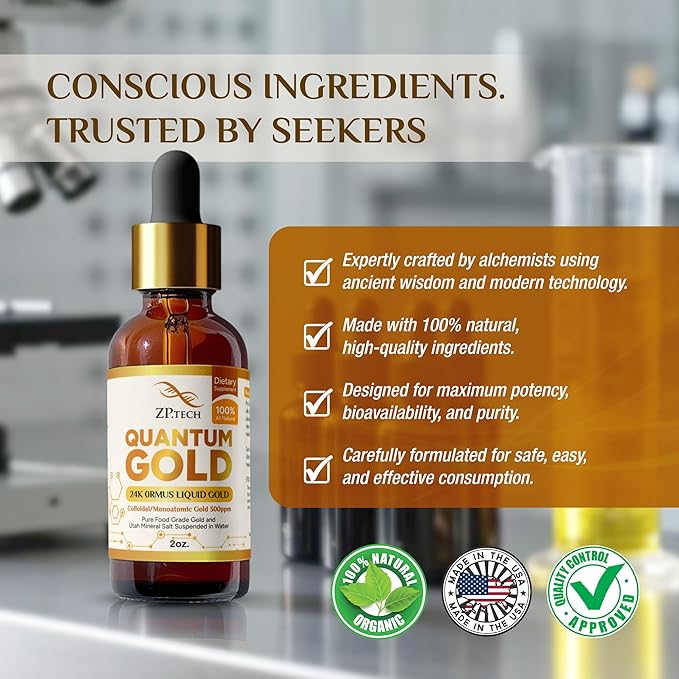 Quantum Gold Liquid Ormus Monoatomic Colloidal Gold & 24K Liquid Gold Supplement for Pineal Gland Activation, Lucid Dreaming & Higher Energy Alignment (2oz)