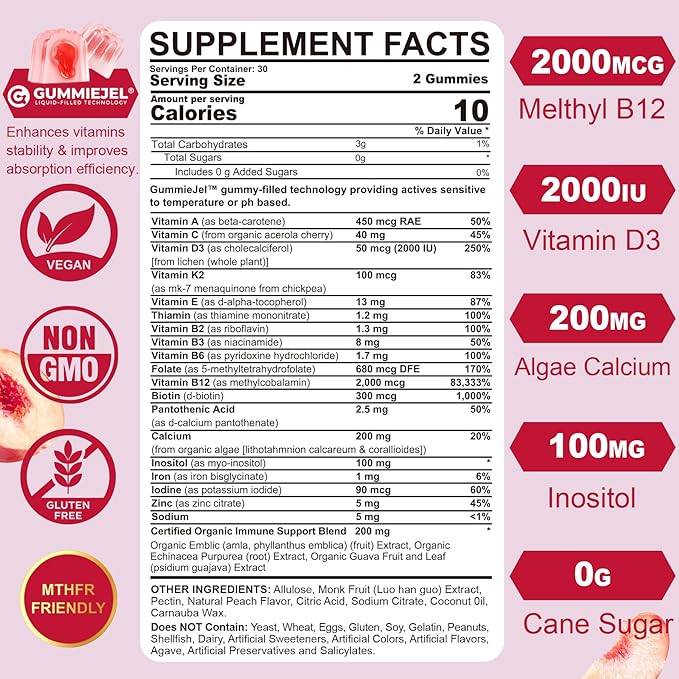 Methylated Multivitamin for Women Gummies, Calcium, D3 K2, Methylfolate & B12, Inositol, Daily Vitamin A C E, B Complex, Biotin, Zinc, Iron -Energy, Immune, Bone, Skin, Hair - Vegan, Sugar Free, 60Cts