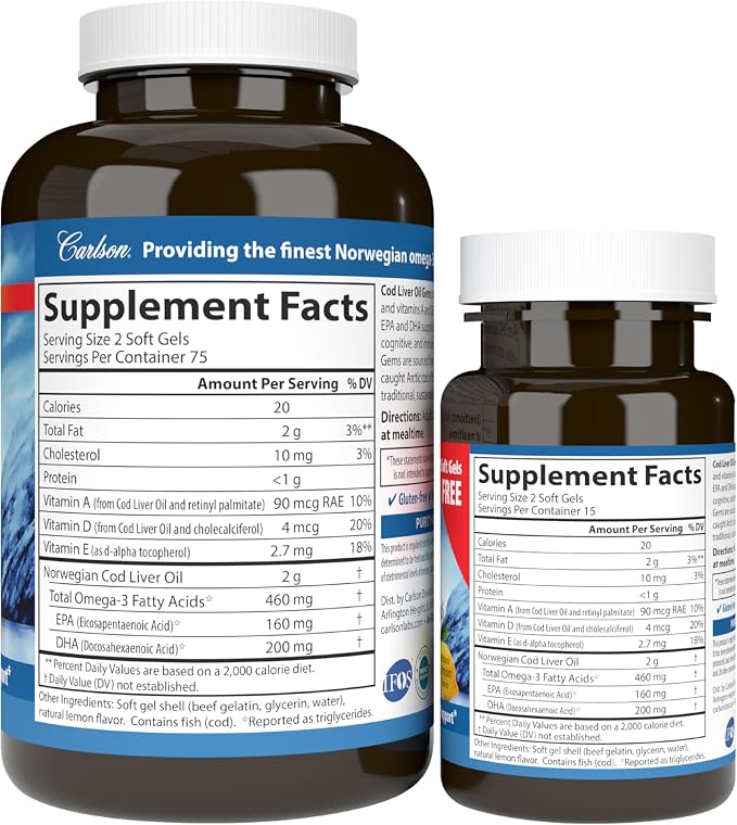 Carlson - Cod Liver Oil Gems, 460 mg Omega-3s, Plus Vitamins A and D3, Wild Caught Norwegian Arctic Cod, Sustainably Sourced Nordic Fish Oil Capsules, Lemon, 150 + 30 Softgels