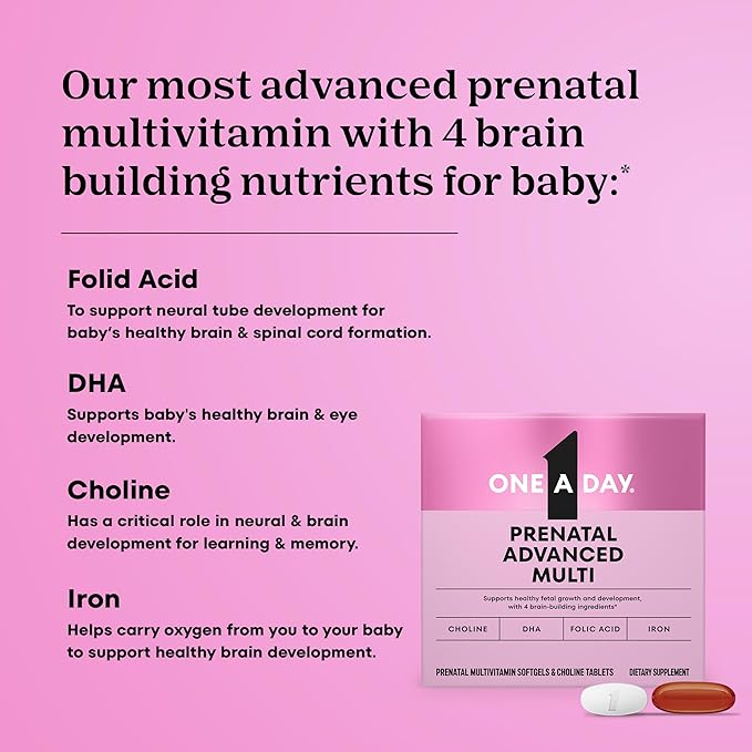 One A Day Prenatal Advanced- Prenatal Vitamins with Folic Acid, Choline, DHA & Iron, Pregnancy Vitamins for Women to Support Baby’s Development, 60+60 Ct (120 Total Set) (Packaging May Vary)