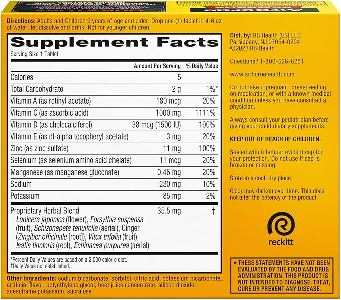 Airborne 1000mg Vitamin C with Vitamin D & Zinc, Sugar Free Multivitamin Immune Support Supplement, Antioxidants Vitamins A C & E, Very Berry Flavor, 30 Tablets (Pack of 2)