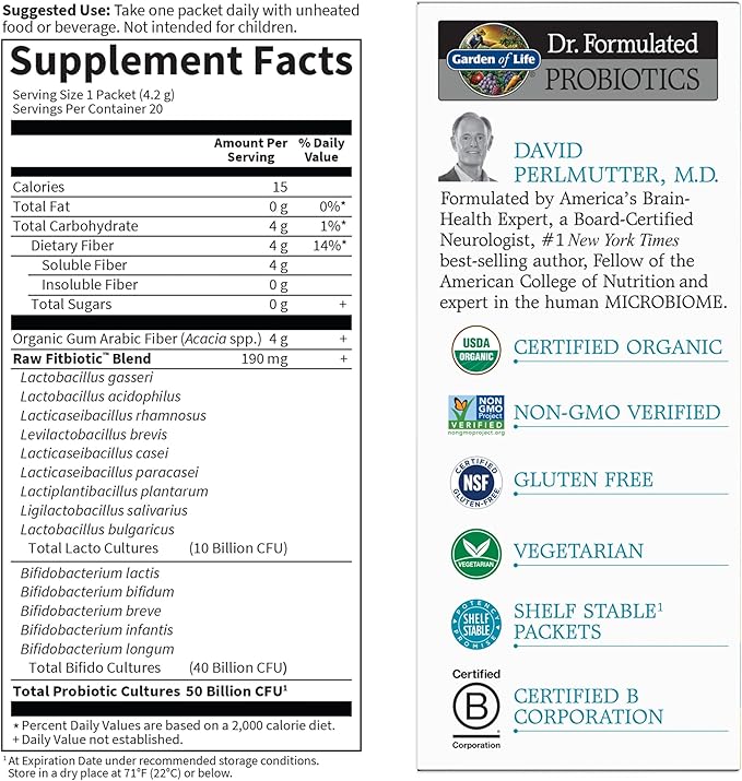 Garden of Life Dr. Formulated Probiotics Fitbiotic Weight Management Powder, 50 Billion CFU & Prebiotic Fiber, Organic & Non-GMO Digestive Gut Health Probiotic Supplement, 20 Single Serving Packets