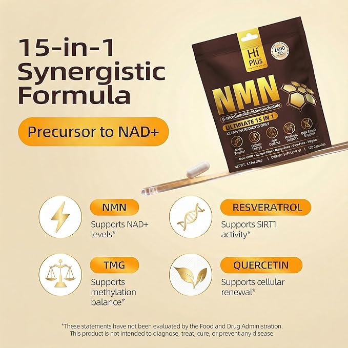 NMN Supplement 1500mg per Serving 15-in-1 Complex Formula with Nicotinamide Mononucleotide, CoQ10, Quercetin, TMG, Resveratrol Supports Cellular Energy & NAD+ Balance 120 Capsules