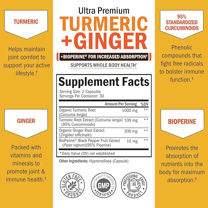 Turmeric Curcumin and Ginger Supplement - 95% Standardized Curcuminoids with BioPerine Black Pepper Extract for Ultra High Absorption - Natural Joint Support Supplement - Gluten-Free - 60 Capsules