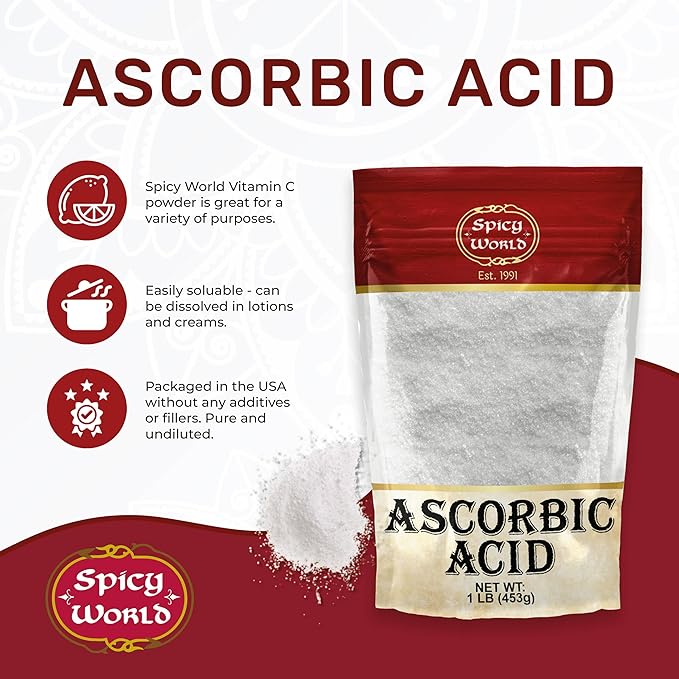 Spicy World Ascorbic Acid 1 LB Bulk Bag - Pure Vitamin C Powder - 100% Pure, Food Grade, Can be Used for Canning, Fruit, Pools - USP Grade