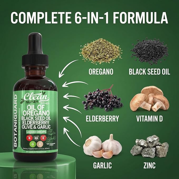 Clean Nutra Oil of Oregano Drops Black Seed Oil Elderberry Vitamin D D3 K2 Olive Garlic Immune Support Supplement Wellness Formula Zinc Supplements Liquid 2 Fl Oz BotaniGuard Vegan, Non-GMO