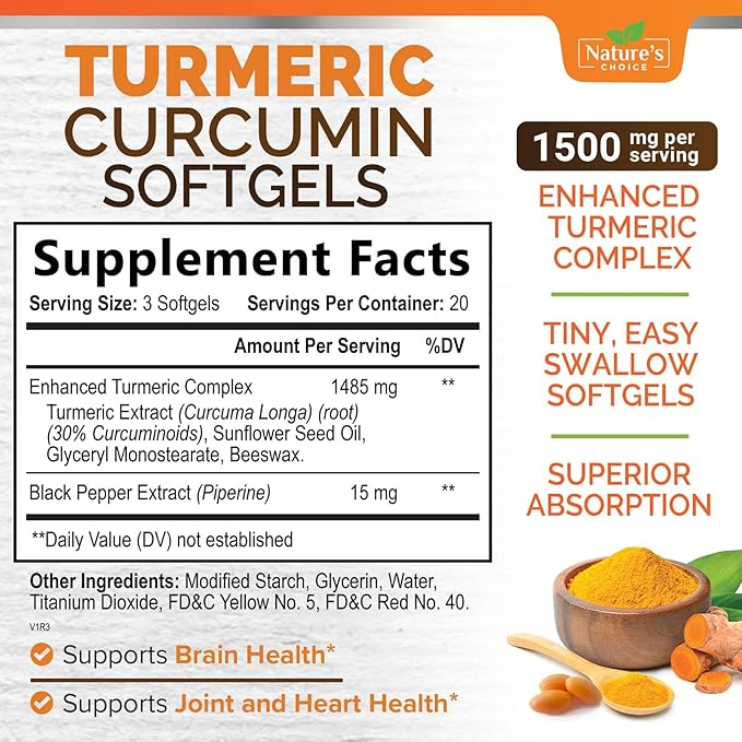 Turmeric Curcumin Supplement Complex - BioPerine Black Pepper Extract Advanced Absorption Curcuminoids for Nature's Joint Support - Antioxidant Herbal Supplement for Women & Men, Non-GMO - 60 Softgels