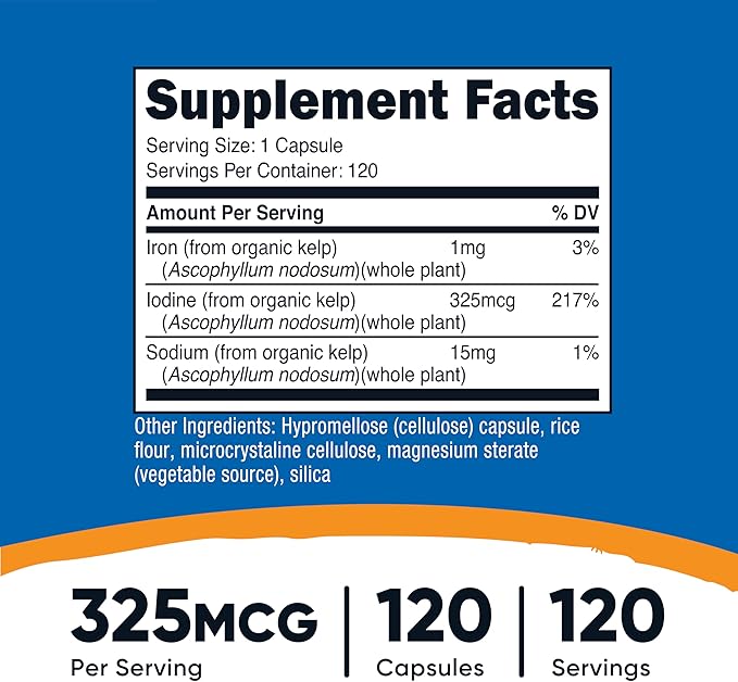 Nutricost Iodine (Natural Iodine from Organic Sea Kelp) 325mcg, 120 Capsules, Vegetarian, Non-GMO & Gluten Free