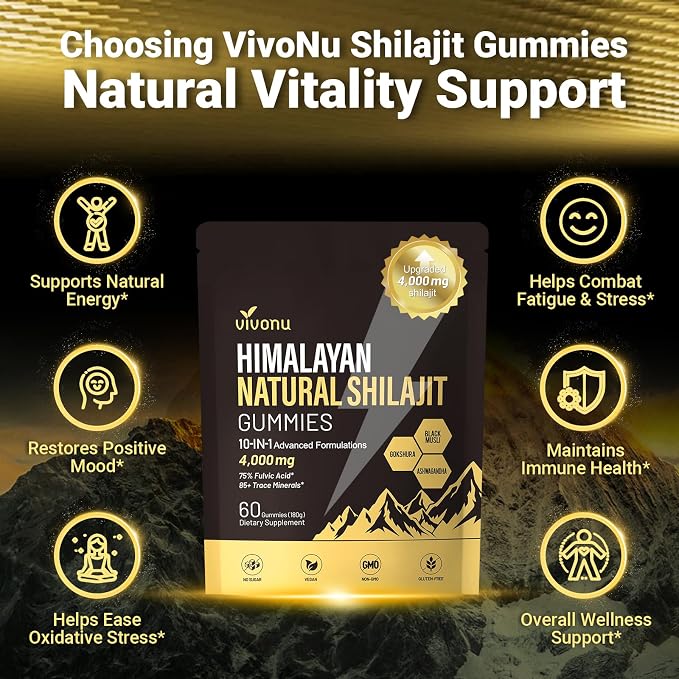 VivoNu Shilajit* Gummies,Pure Himalayan* micronutrient Supplement, Himalayan Premium Ingredient with Shilajit, Ashwagandha, Gokshura, Fulvic Acid & 85+ Trace Minerals I for Men & Women (4000MG/1 Bag)