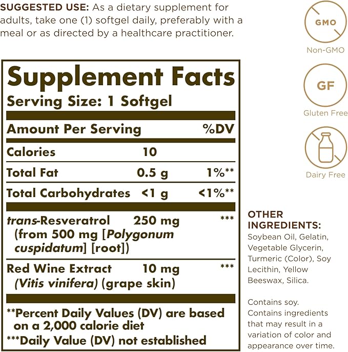 Solgar Resveratrol 250 mg with Red Wine Extract - 30 Softgels - Antioxidant Support - Non-GMO, Gluten Free, Dairy Free - 30 Servings