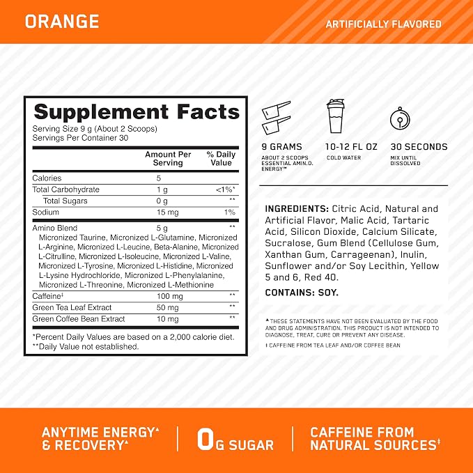 Optimum Nutrition Amino Energy - Pre Workout with Green Tea, BCAA, Amino Acids, Keto Friendly, Green Coffee Extract, Energy Powder - Orange, 9.5 Ounce, 30 Servings (Packaging May Vary)