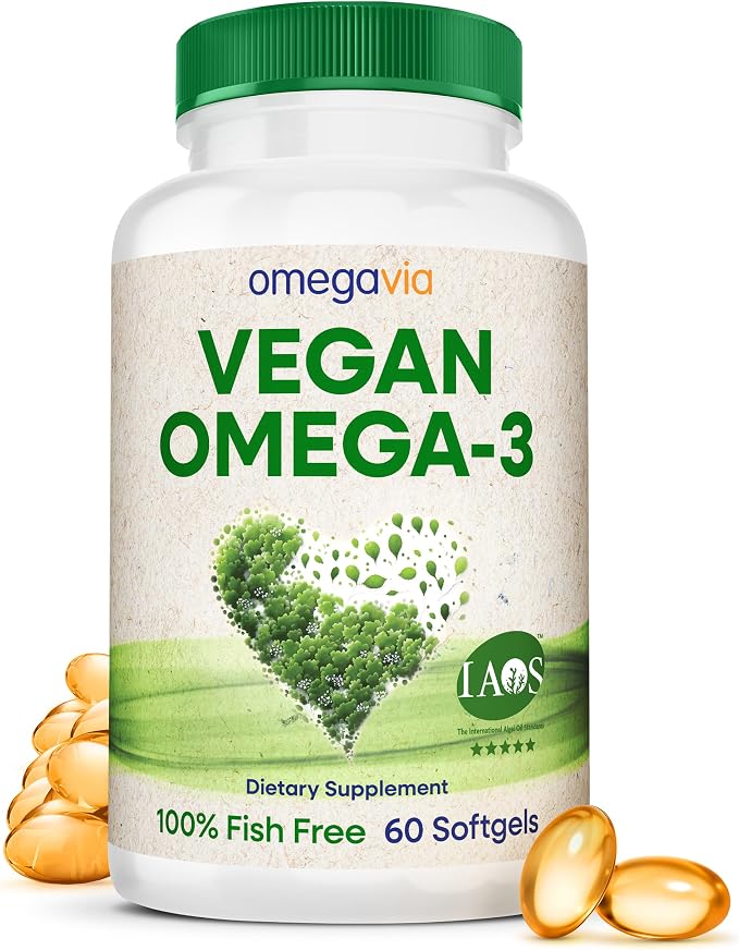 OmegaVia Vegan Omega 3 Supplement, Algae Omega 3 Fish Oil Alternative, 300mg Vegan DHA Fatty Acids, Plant Based, Planet and Ocean Friendly, IAOS 5 Star Tested, 60 Softgels