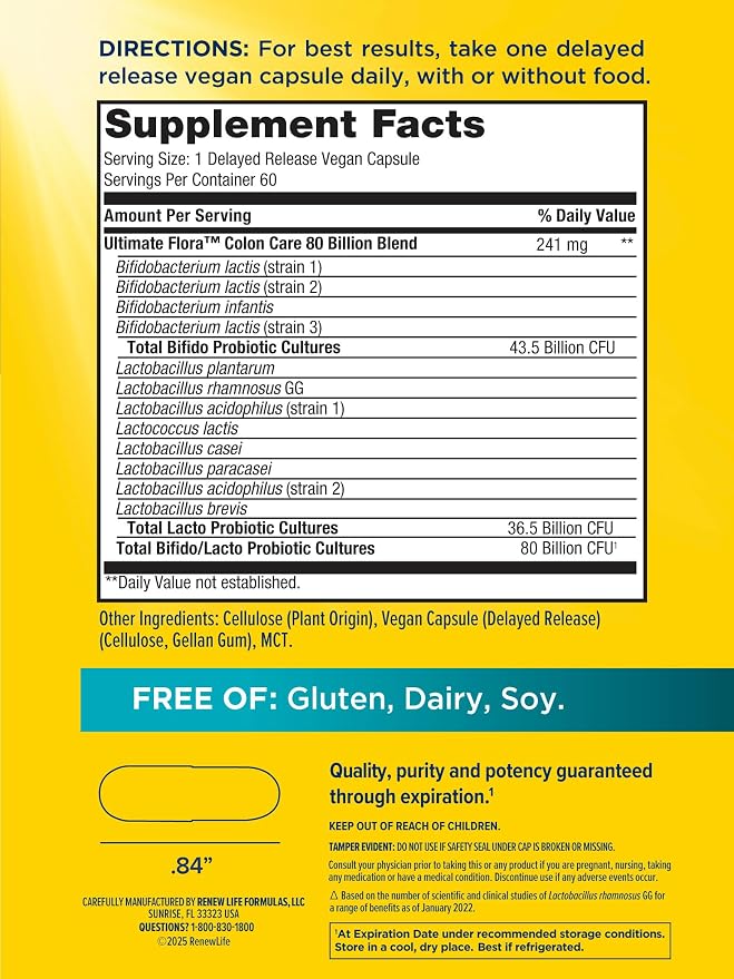 Renew Life Probiotic Colon Care Probiotic Capsules, Daily Supplement Offers Colon Support, L. Rhamnosus GG, Dairy, Soy and gluten-free, 80 Billion CFU, 60 Count
