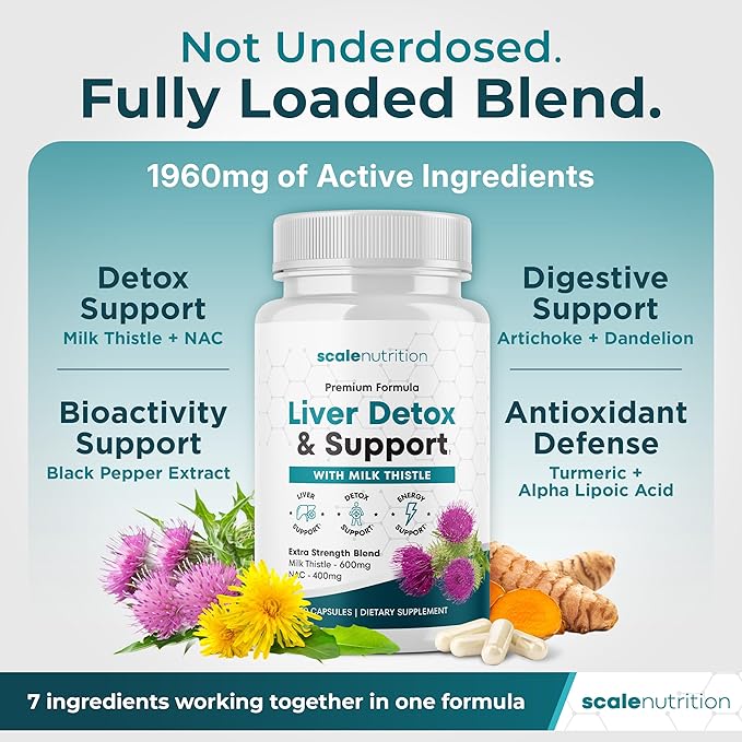 Liver Detox & Support – High Potency 1960mg Formula for Detox, Energy & Digestive Support – Milk Thistle, NAC, Turmeric, Artichoke & Dandelion – 120 Capsules