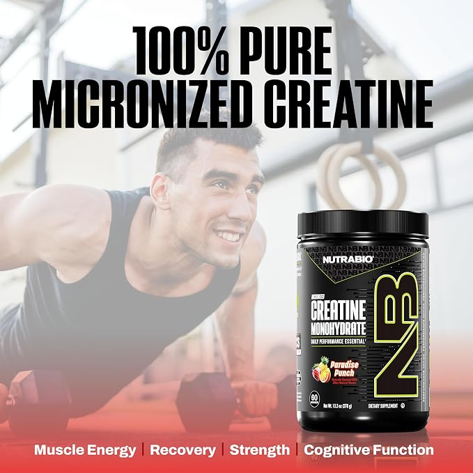 NutraBio Pure Micronized Creatine Monohydrate Powder Supplement,Paradise Punch,(300g)-Supports Bulk Muscle Energy, Recovery, and Strength-HPLC Tested Creatine Powder Supplement for Men and Women