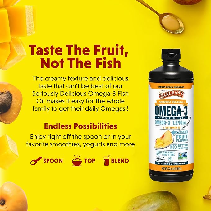 Barlean's Omega 3 Fish Oil Liquid Supplement with Vitamin D for Men and Women, 1080mg of EPA and DHA Fatty Acid, Promotes Brain & Heart Health - Non-GMO, Mango Peach, 32 oz