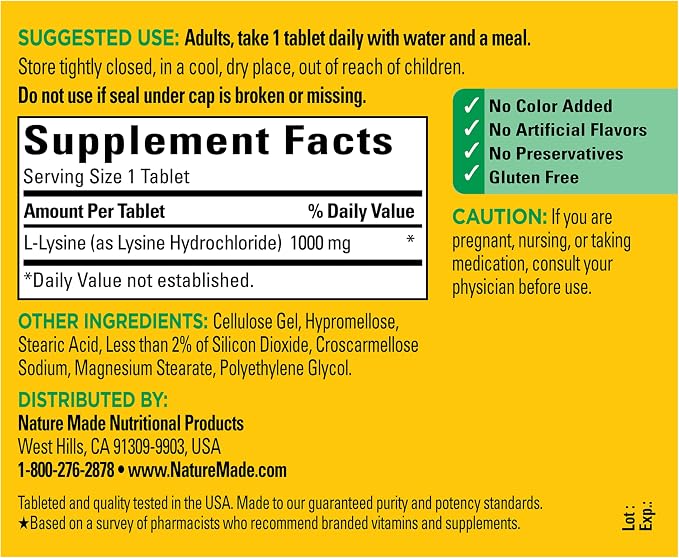 Nature Made L-Lysine 1000 mg, Dietary L-Lysine Supplements, 60 Tablets, 60 Day Supply