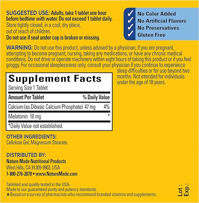 Nature Made Melatonin 10mg Maximum Strength Tablets, 100% Drug Free Sleep Aid for Adults, Melatonin for Adults, 70 Count, 70 Day Supply