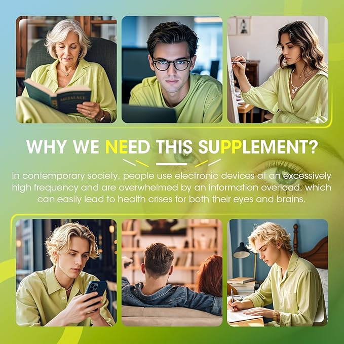 Eye + Brain Supplements for Memory and Focus, Lutein 40mg, Zeaxanthin, Astaxanthin, Bilberry, Lion’s Mane, Bacopa Monnieri, Ginkgo Biloba, 14 in 1 Eye Vitamins for Adults & Seniors 120 Capsules