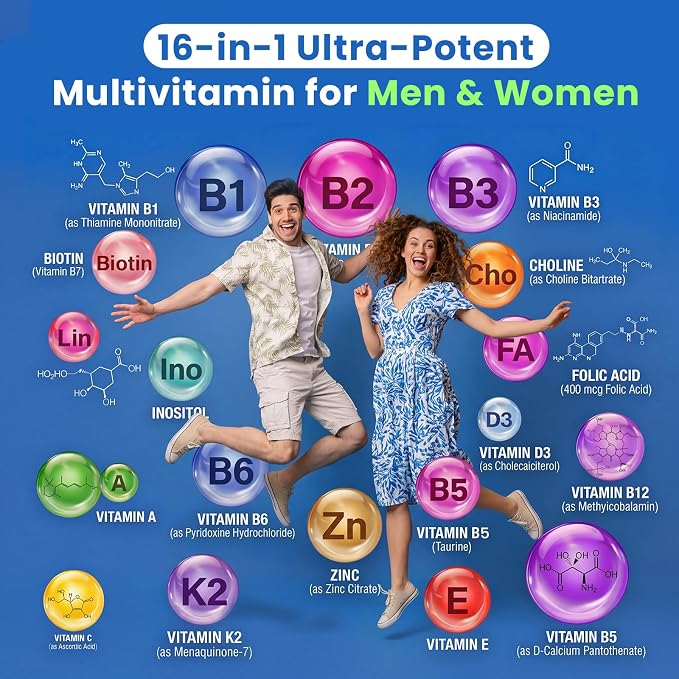 16-in-1 Vitamin B Complex Multivitamin for Women & Men, Methylated B12, Vitamin D3 + K2, Iron, Zinc, Choline & Inositol, Daily Energy, Focus & Immune Support, 120 Vegan Capsules