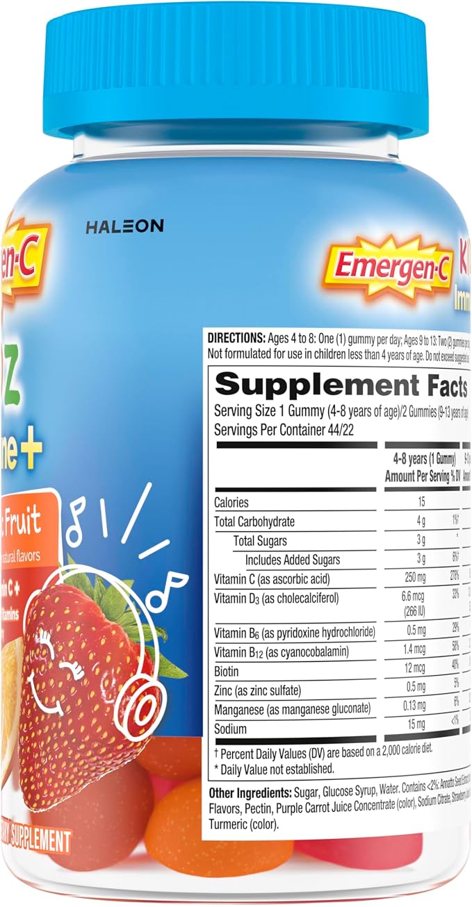 Emergen-C Kidz Vitamin C Immune Support Gummies Fun-Tastic Fruit 44CT Includes Zinc, Manganese, B Vitamins and Vitamin D for Back to School Essentials, (Pack of 2)