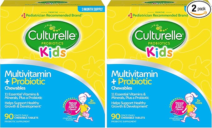 Culturelle Kids Complete Chewable Multivitamin + Probiotic for Kids,Ages 3+,Digestive Health,Oral Health&Immune Support-with 11 Vitamins&Minerals,Including Vitamin C,D3-&Zinc,90 Count (Pack of 2)