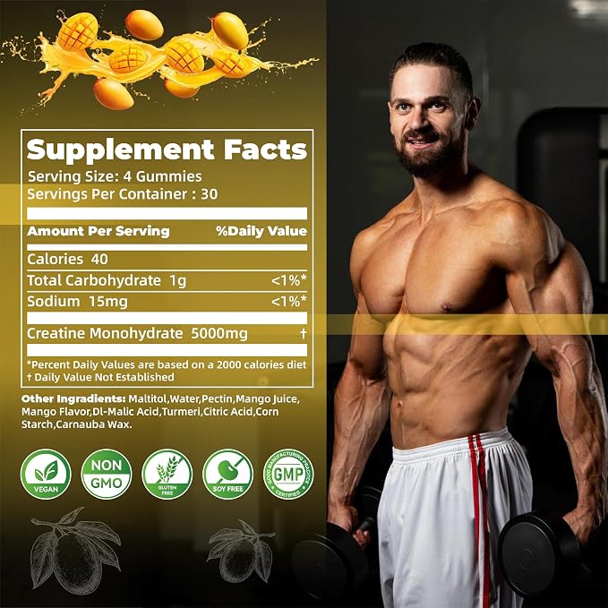 Nutravita Creatine Monohydrate Gummies for Men & Women-5g of Creatine Monohydrate per Serving - Sugar Free,Vegan, Mango Flavor, 120 Count