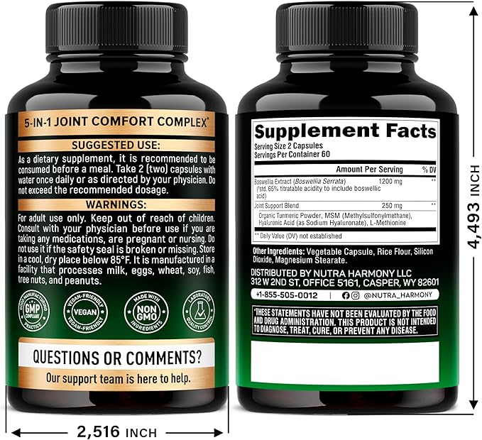 Boswellia 1200mg - Boswellia Extract | Turmeric | Hyaluronic Acid | MSM | Same - Joint Health & Comfort - Boswellia Serrata | 65% Boswellic Acid - for Men & Women - Made in USA - 120 Capsules
