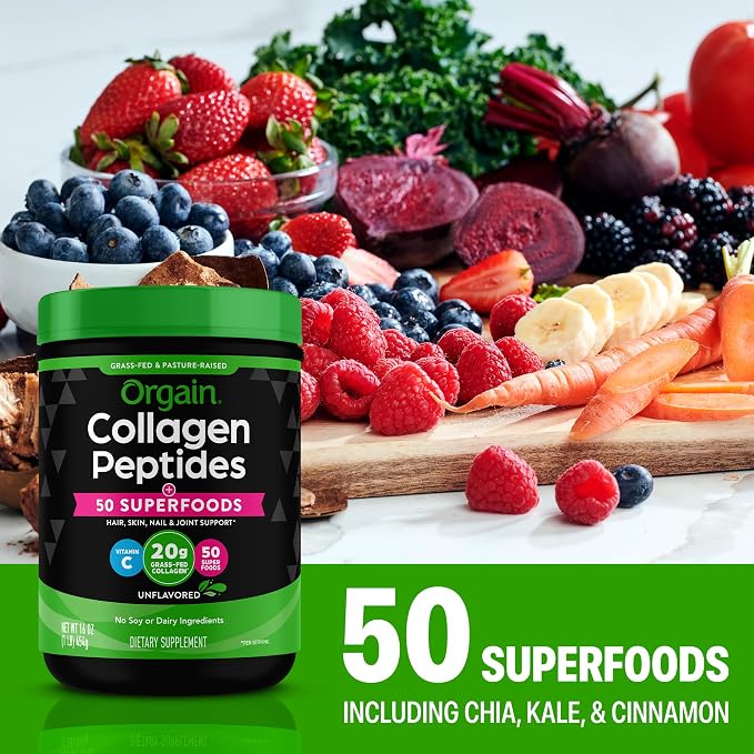 Orgain Hydrolyzed Collagen Powder + 50 Organic Superfoods For Women & Men, 20g Grass Fed Collagen with Vitamin C, Unflavored - Hair, Skin, Nail, & Joint Support Supplement, Non-GMO, Type I & III, 1lb